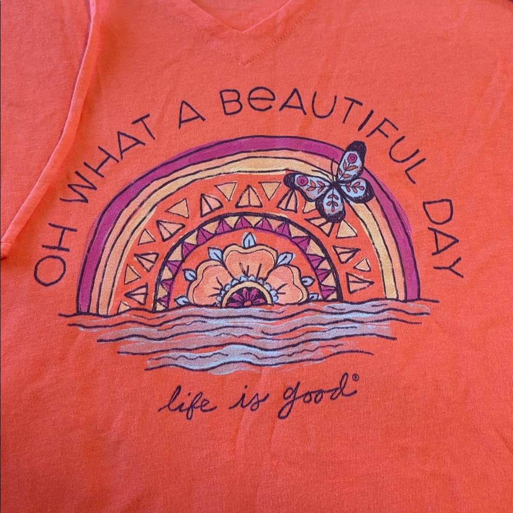 Life is Good Coral Hooded V-Neck Long Sleeve Tee - "Oh What a Beautiful Day" - Picture 3 of 8